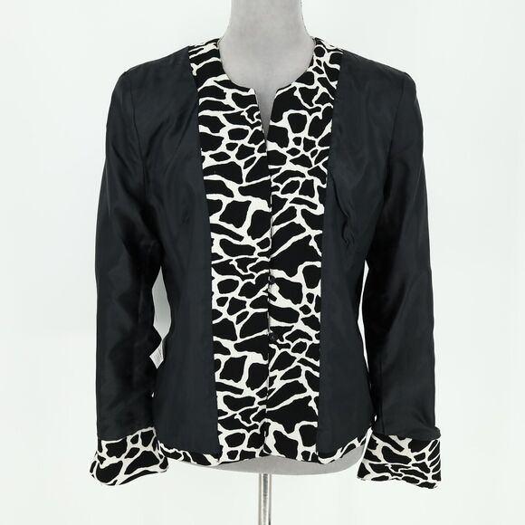 Liz Claiborne Jacket Petites 14P Black White Animal Print Attached Belt Lined - Picture 12 of 16